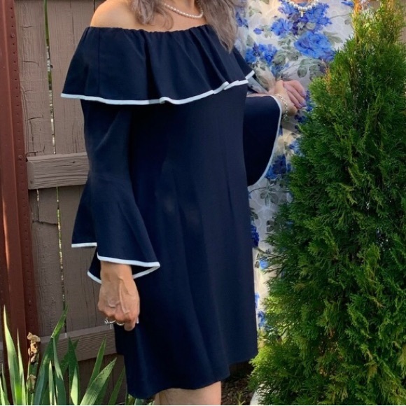 Off-Shoulder Dress / On-Shoulders Navy Blue, White Trim Romantic Classy Elegant - Picture 2 of 9